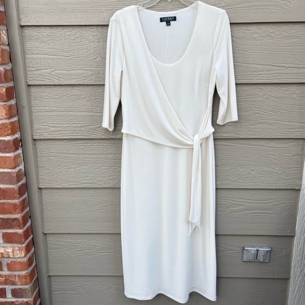 Lauren Ralph Tie Front Stretch Jersey Long Wrap Formal Dress Cream Scoop Small‎